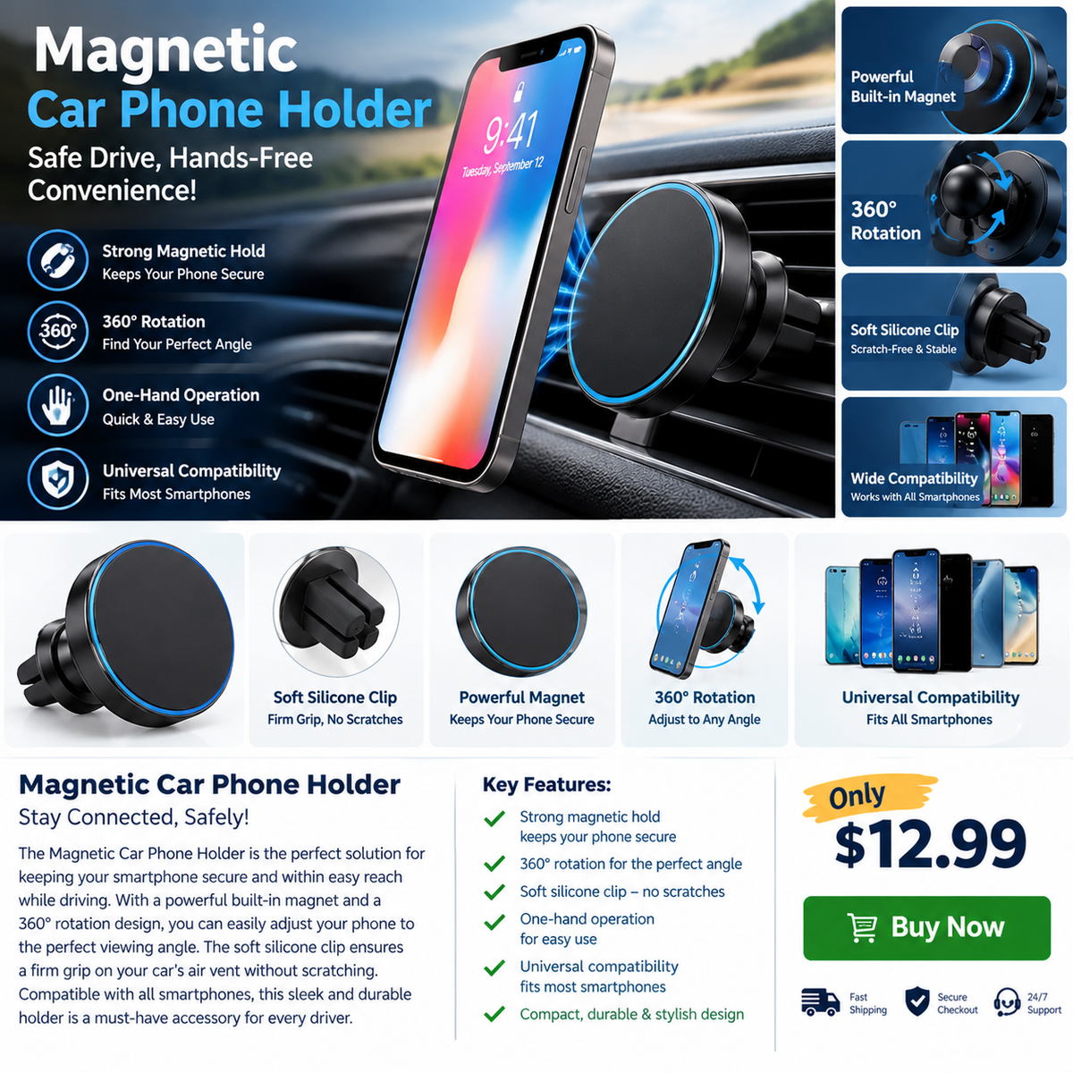 Magnetic Car Phone Holder – 360° Adjustable Mobile Phone Mount for Car Air Vent