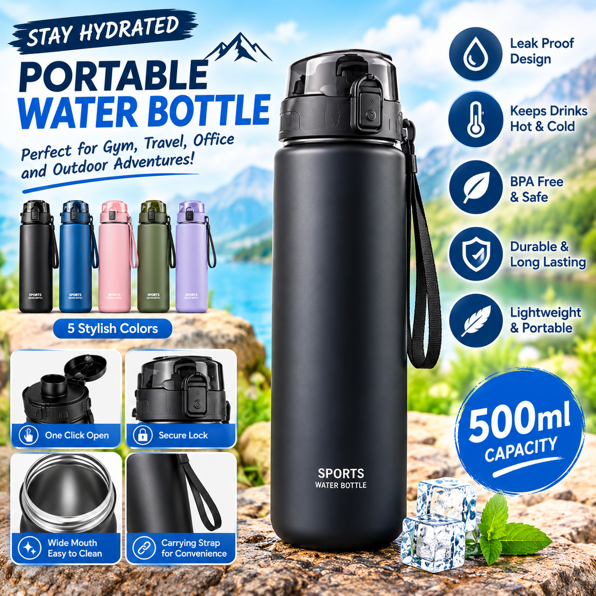 Portable Water Bottle – Leakproof Reusable Bottle for Travel, Gym & Outdoor Activities