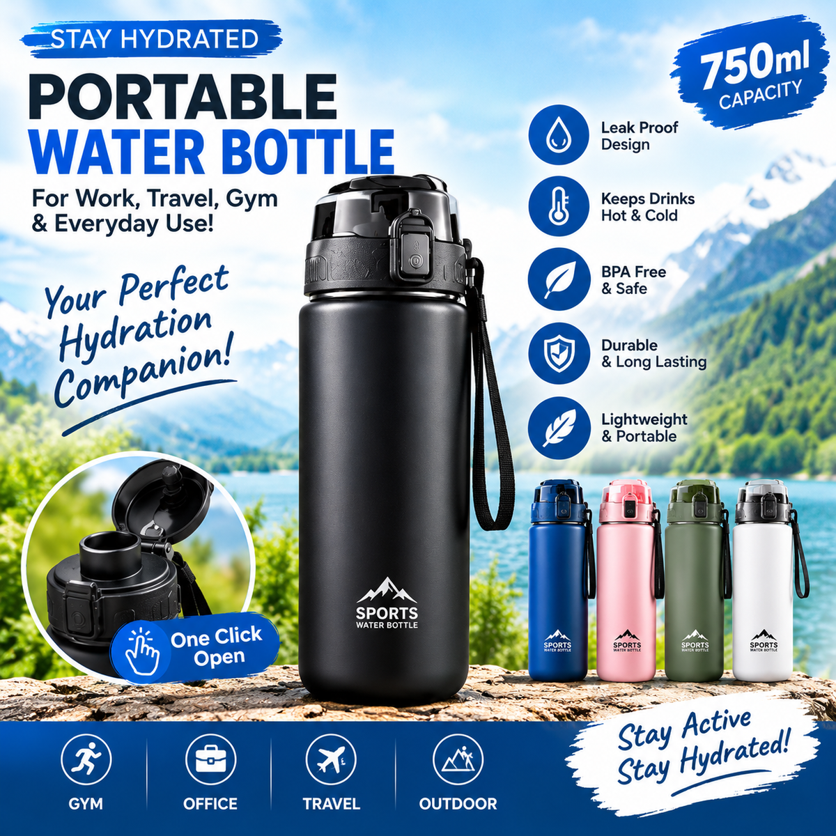 Portable Water Bottle – Leakproof Reusable Bottle for Travel, Gym & Outdoor Activities