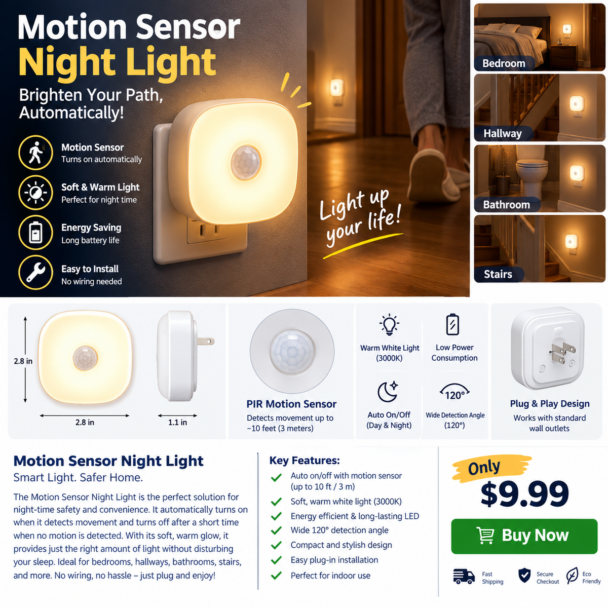 Motion Sensor Night Light – Automatic LED Plug-In Light for Bedroom, Hallway & Bathroom
