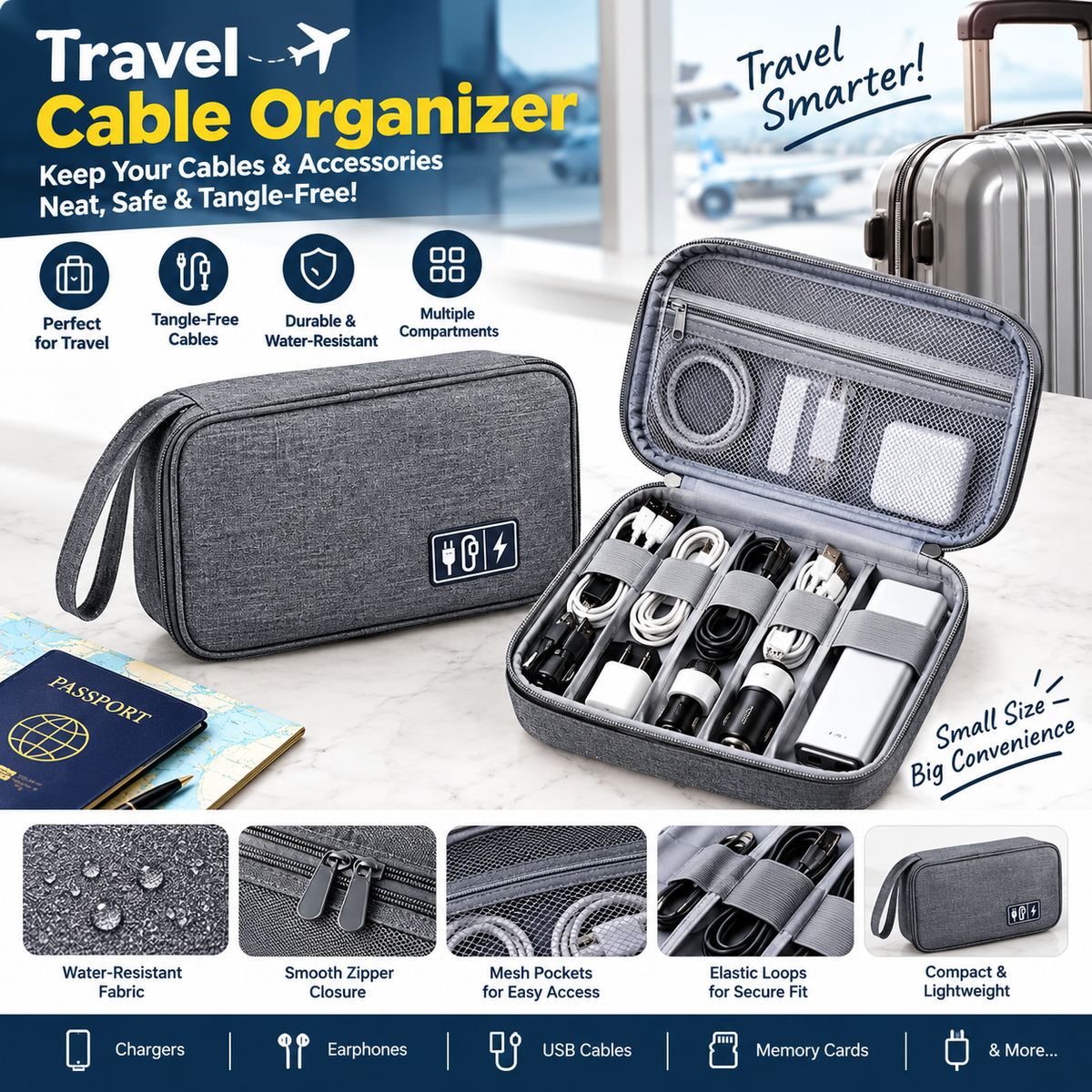 Travel Cable Organizer Bag – Portable Electronics Accessories Storage Case