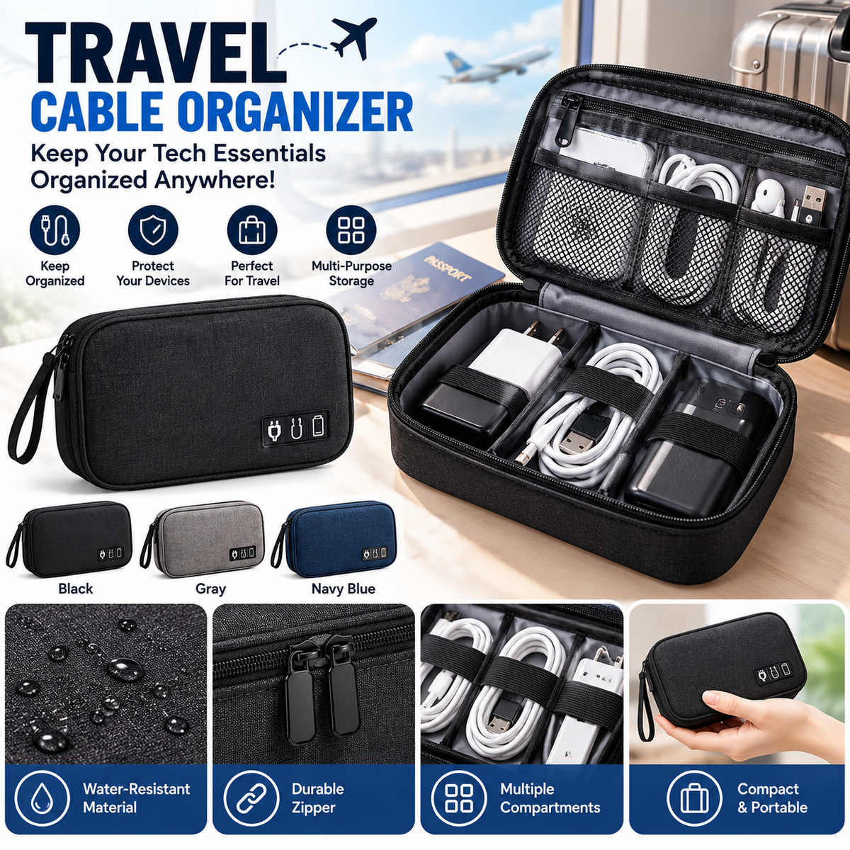 Travel Cable Organizer Bag – Portable Electronics Accessories Storage Case
