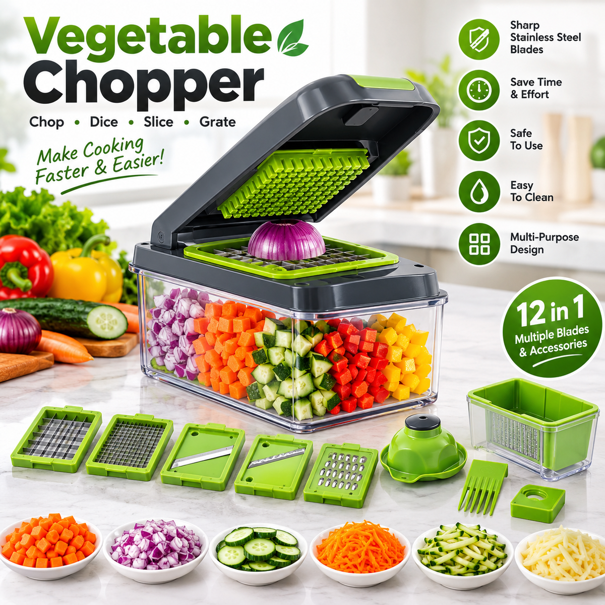 12-in-1 Vegetable Chopper – Multi-Functional Vegetable Cutter with Stainless Steel Blades